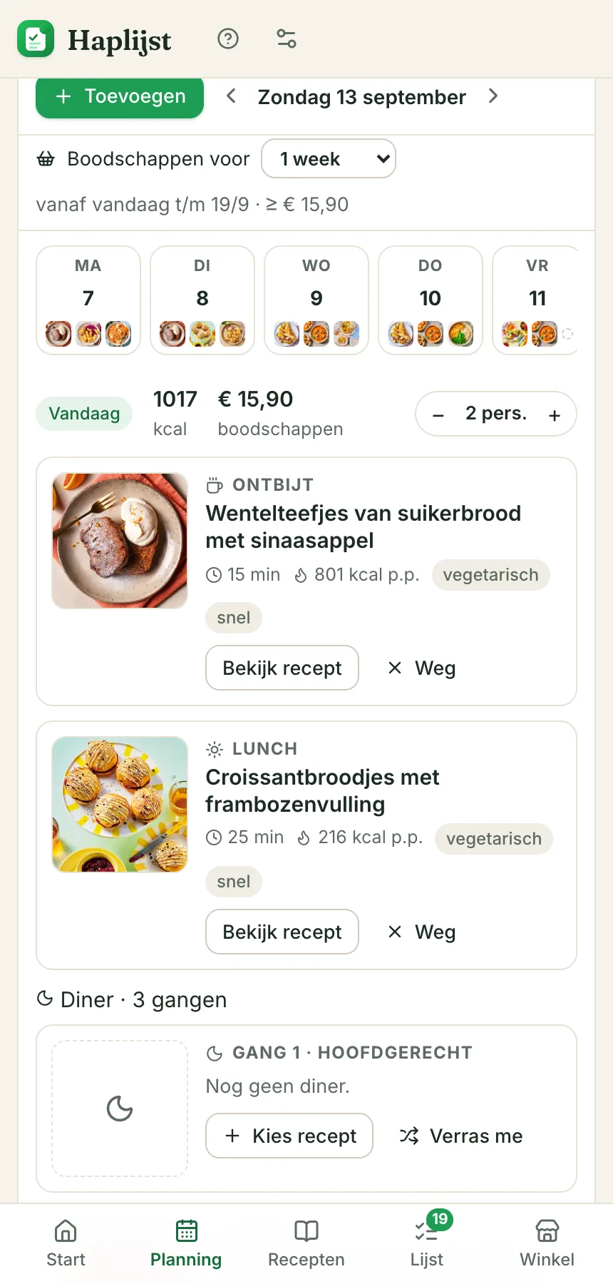 Dagweergave met tijdlijn, ontbijt, lunch en diner