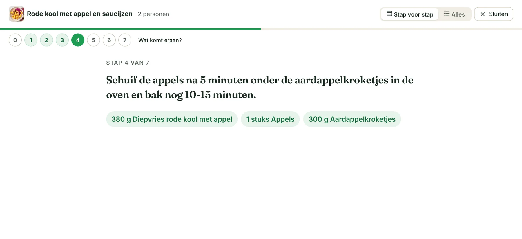 Kookmodus met stappen en hoeveelheden